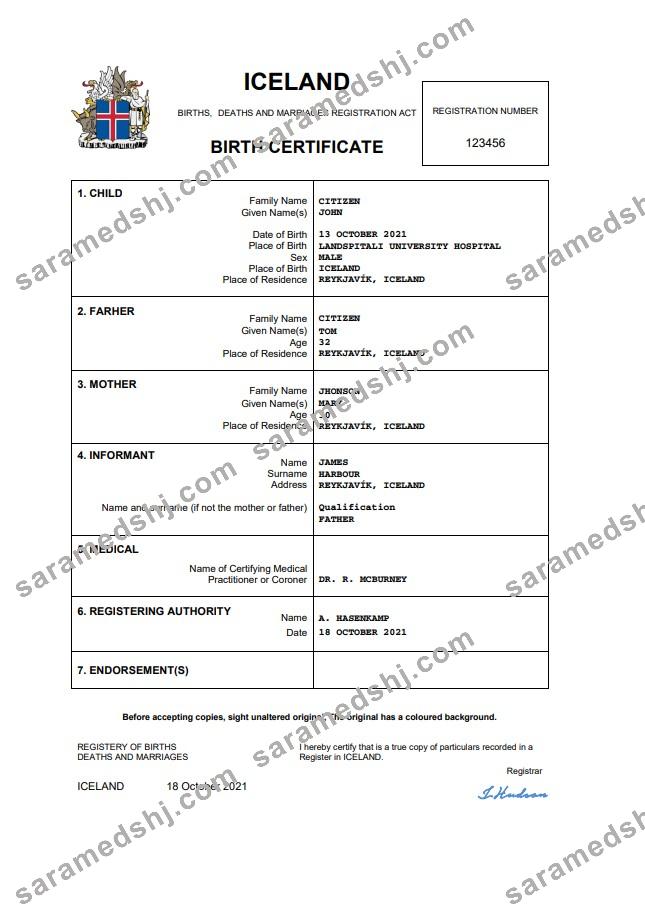 Iceland birth certificate Word and PDF
